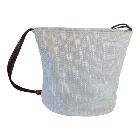 Italian Light Beige Woven Fabric Shoulder Bag With Brown Leather Strap - Picture 2 of 8